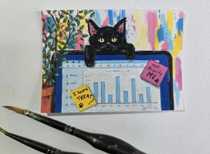 Me Now! – Black Kitten Working from Home ACEO Original Painting | Funny Office Cat Art | Mini Acrylic Desk Decor | OOAK