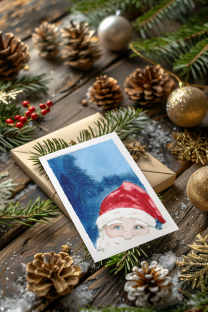 Hand-Drawn Santa Watercolor Christmas Card - Pack of 10 – Original Art, Whimsical Holiday Greeting, Handcrafted Winter Card