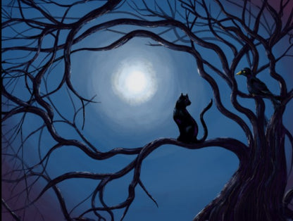 Moonlit Watchers – Cat & Crow in the Night Tree (Original Acrylic Artwork Print)