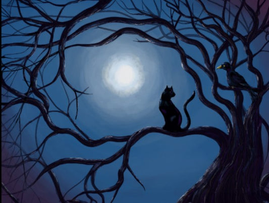 Moonlit Watchers – Cat & Crow in the Night Tree (Original Acrylic Artwork Print)