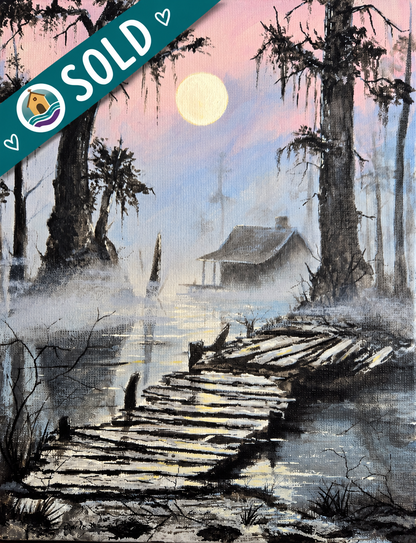 Southern Gothic Swamp Painting – Original 11x14 Acrylic on Canvas | Misty Bayou Cabin & Dock Art | Moody Louisiana Landscape