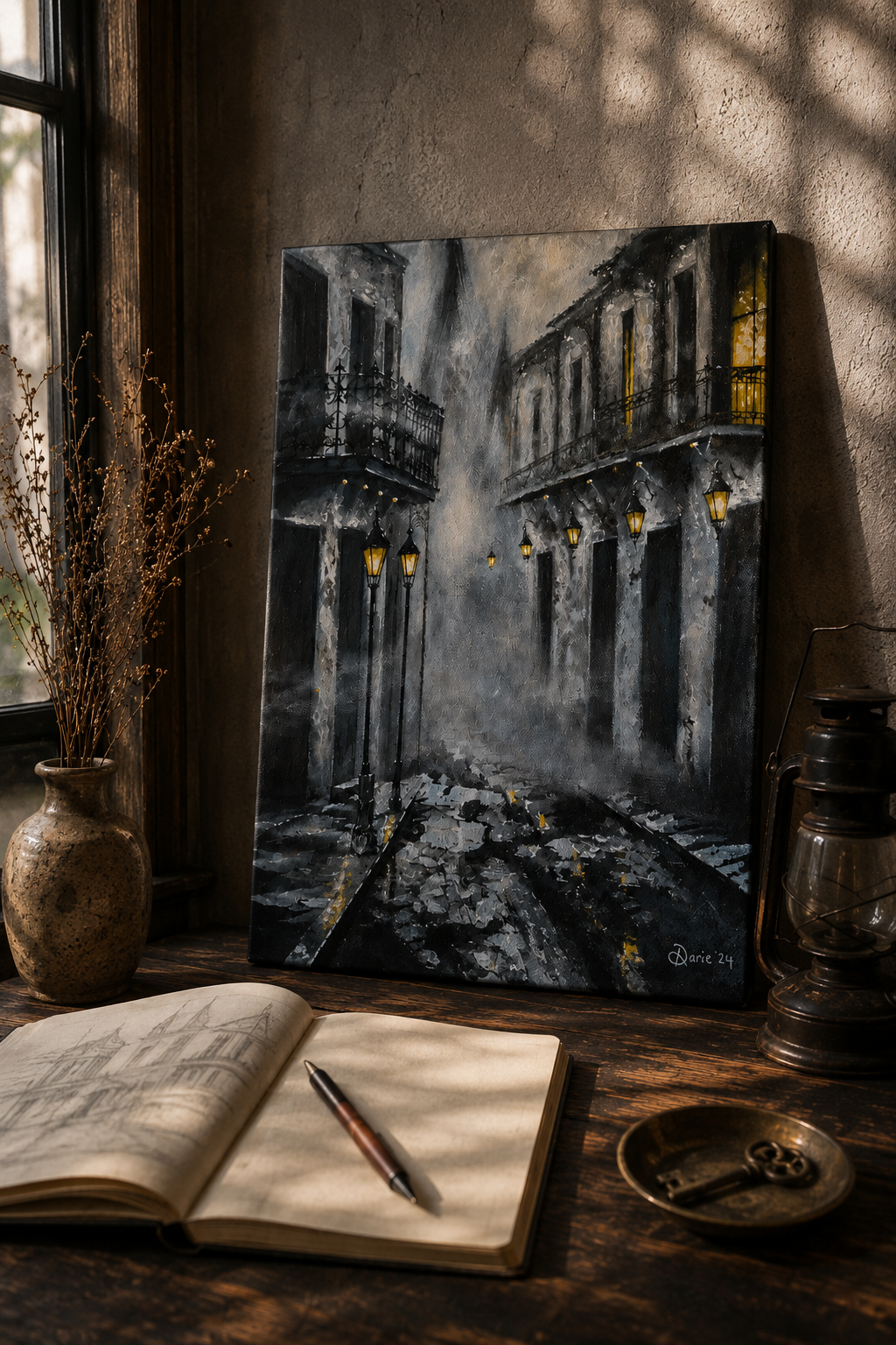 Foggy French Quarter Original Painting ~ New Orleans Street Art ~ St. Louis Cathedral ~ Moody Night Cityscape ~ 9x12 Acrylic on Canvas