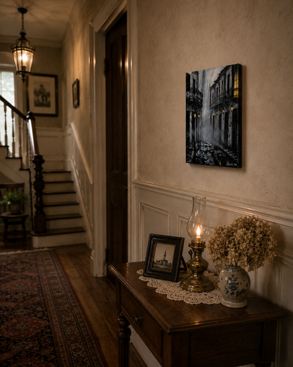 Foggy French Quarter Original Painting ~ New Orleans Street Art ~ St. Louis Cathedral ~ Moody Night Cityscape ~ 9x12 Acrylic on Canvas