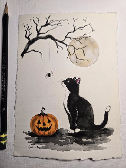 Original Halloween Cat Watercolor Painting, Black and White Tuxedo Cat, Pumpkin & Spider, 5x7 Fall Wall Art, One of a Kind