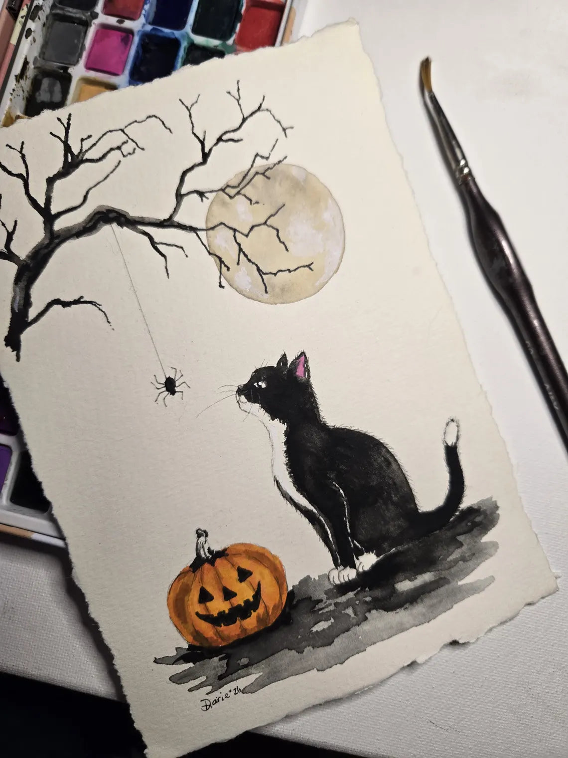 Original Halloween Cat Watercolor Painting, Black and White Tuxedo Cat, Pumpkin & Spider, 5x7 Fall Wall Art, One of a Kind