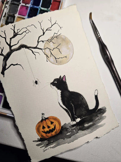Original Halloween Cat Watercolor Painting, Black and White Tuxedo Cat, Pumpkin & Spider, 5x7 Fall Wall Art, One of a Kind