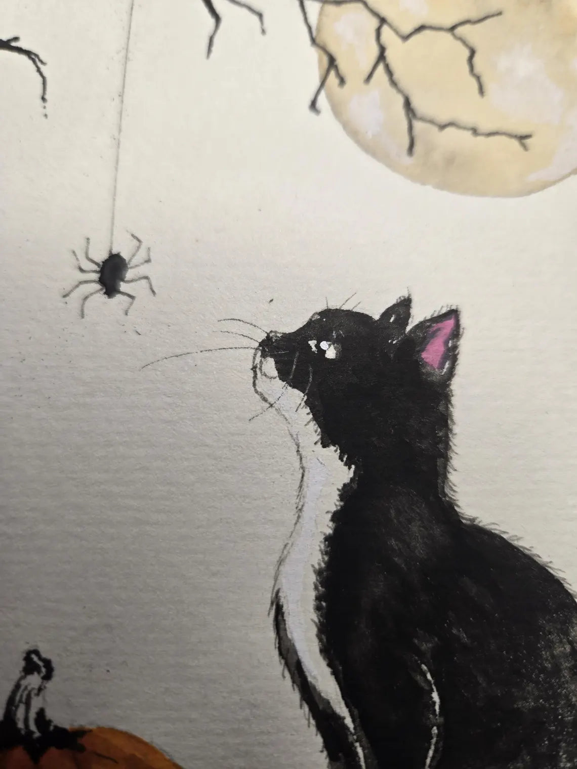 Original Halloween Cat Watercolor Painting, Black and White Tuxedo Cat, Pumpkin & Spider, 5x7 Fall Wall Art, One of a Kind