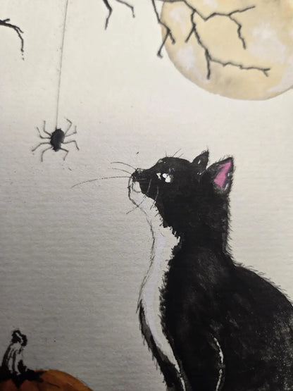 Original Halloween Cat Watercolor Painting, Black and White Tuxedo Cat, Pumpkin & Spider, 5x7 Fall Wall Art, One of a Kind