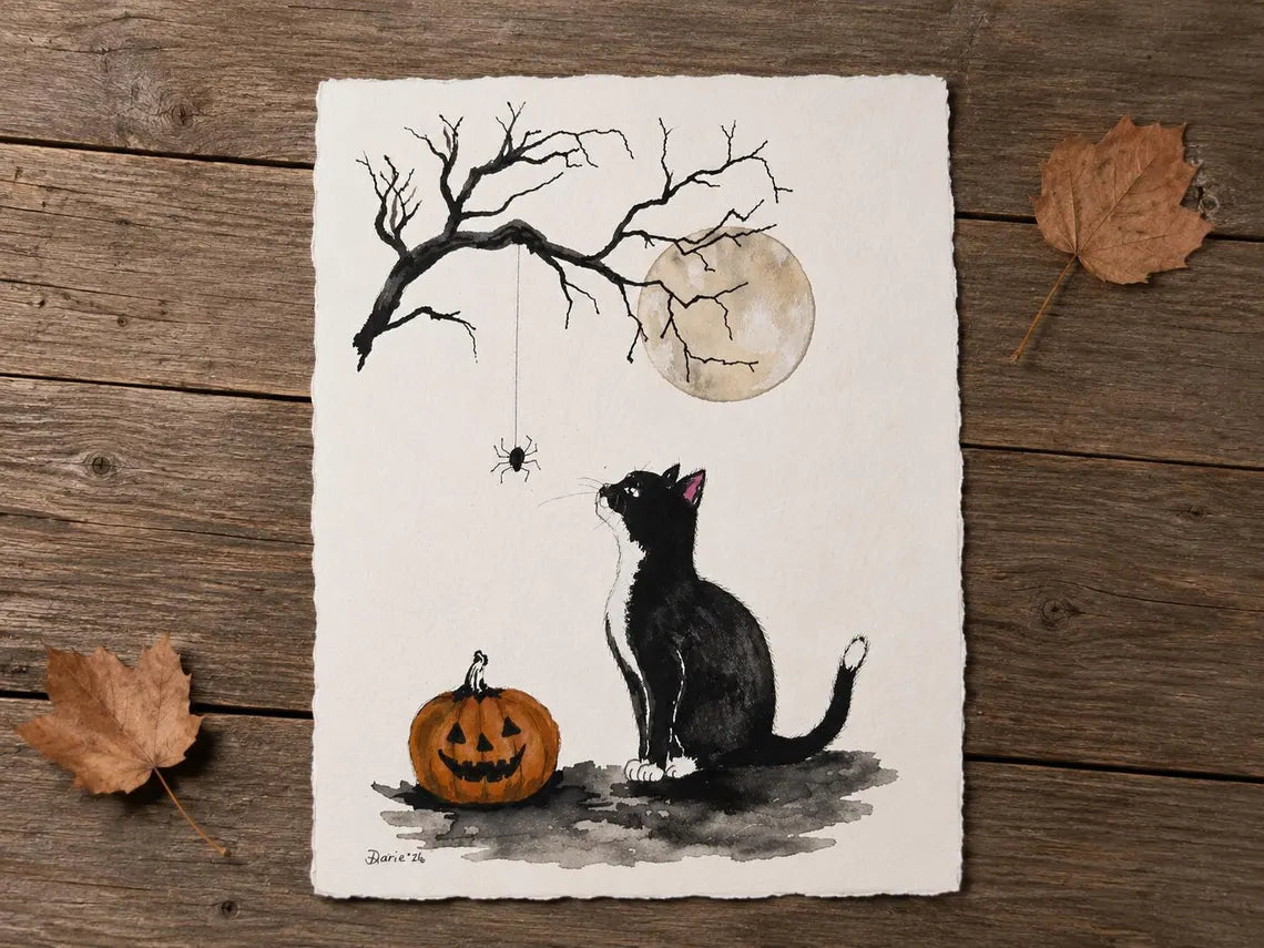 Original Halloween Cat Watercolor Painting, Black and White Tuxedo Cat, Pumpkin & Spider, 5x7 Fall Wall Art, One of a Kind