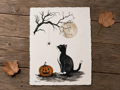 Original Halloween Cat Watercolor Painting, Black and White Tuxedo Cat, Pumpkin & Spider, 5x7 Fall Wall Art, One of a Kind