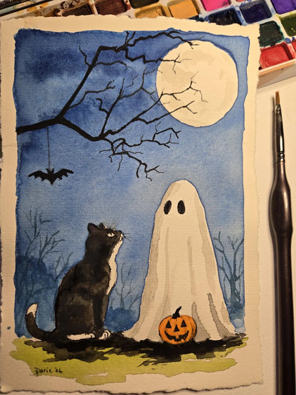 Black Cat & Ghost Halloween Watercolor -NOT A PRINT- Original Spooky Folk Art - Moonlit Cat Painting - One of a Kind