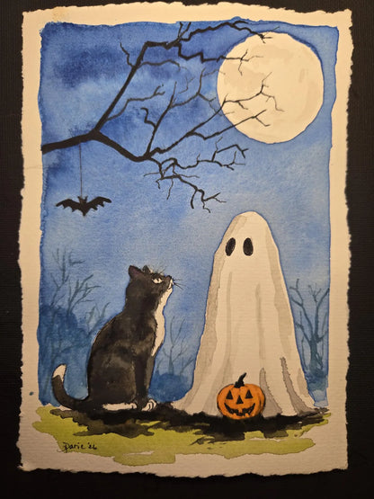 Black Cat & Ghost Halloween Watercolor -NOT A PRINT- Original Spooky Folk Art - Moonlit Cat Painting - One of a Kind