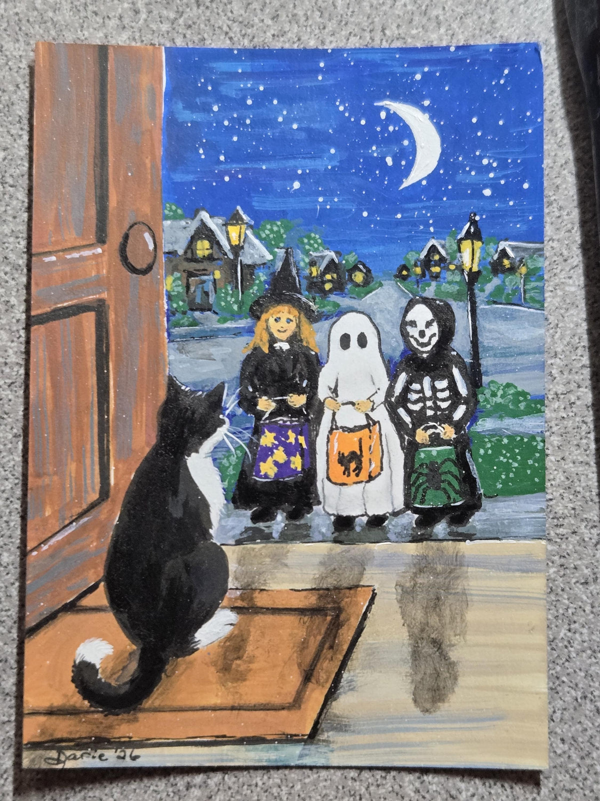 Halloween Black Cat ACEO Original Painting, Trick or Treat Cat Art, Miniature Original Art, Hopper Inspired