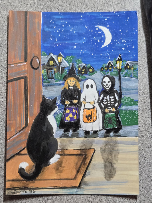 Halloween Black Cat ACEO Original Painting, Trick or Treat Cat Art, Miniature Original Art, Hopper Inspired