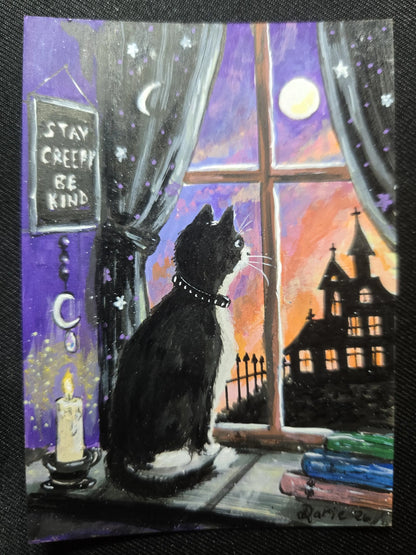 Stay Creepy Be Kind — Black Cat Halloween ACEO Original Painting, Spooky Cat Mini Art