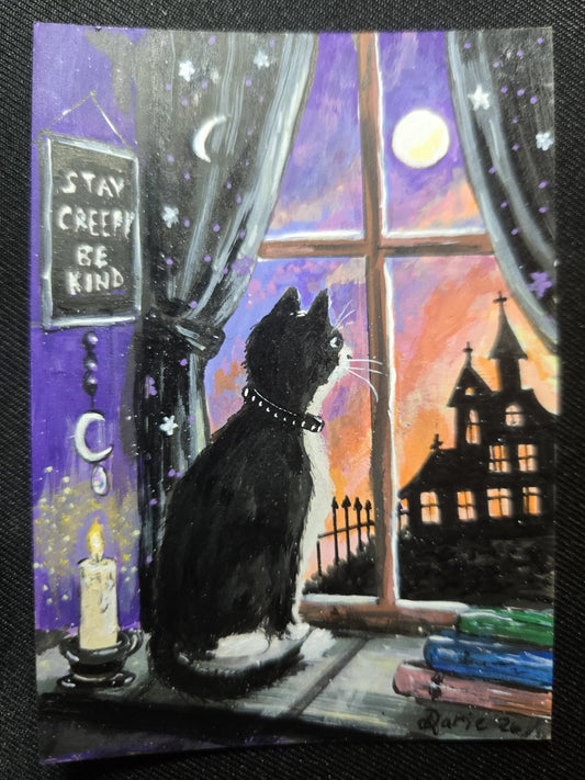 Stay Creepy Be Kind — Black Cat Halloween ACEO Original Painting, Spooky Cat Mini Art