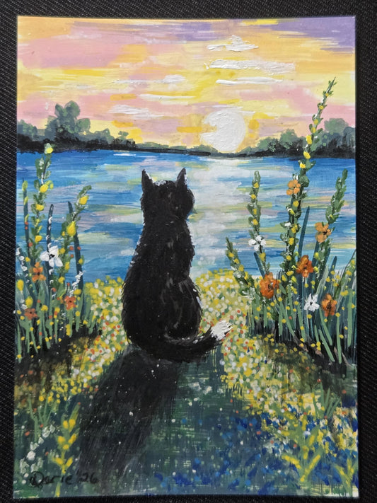 Hopper at Sunset — Black Cat ACEO Original Painting, Sunset Cat Miniature Art *Signed