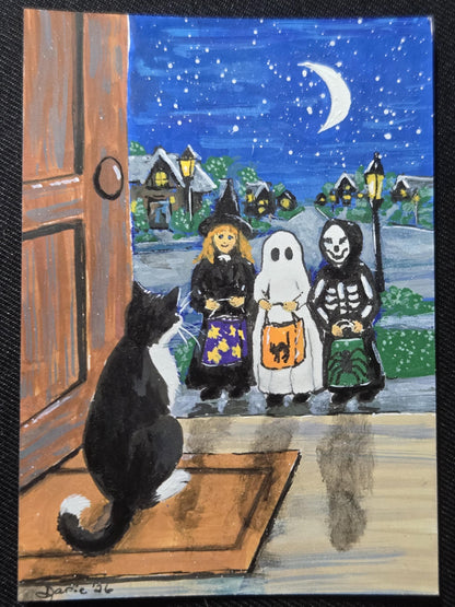 Halloween Black Cat ACEO Original Painting, Trick or Treat Cat Art, Miniature Original Art, Hopper Inspired