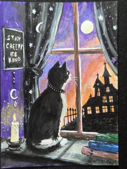 Stay Creepy Be Kind — Black Cat Halloween ACEO Original Painting, Spooky Cat Mini Art