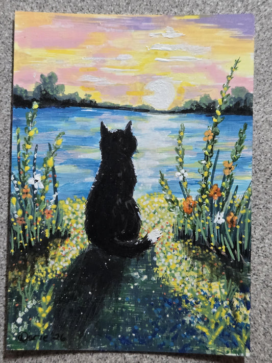 Hopper at Sunset — Black Cat ACEO Original Painting, Sunset Cat Miniature Art *Signed