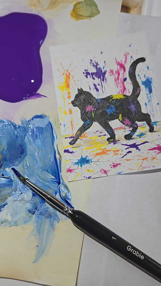 Midnight’s Paint Parade~Original Acrylic ACEO~Playful Cat Color Splatter NOT A PRINT~*Signed Art 2.5 x 3.5