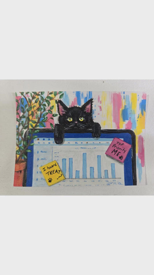 Me Now! – Black Kitten Working from Home ACEO Original Painting | Funny Office Cat Art | Mini Acrylic Desk Decor | OOAK