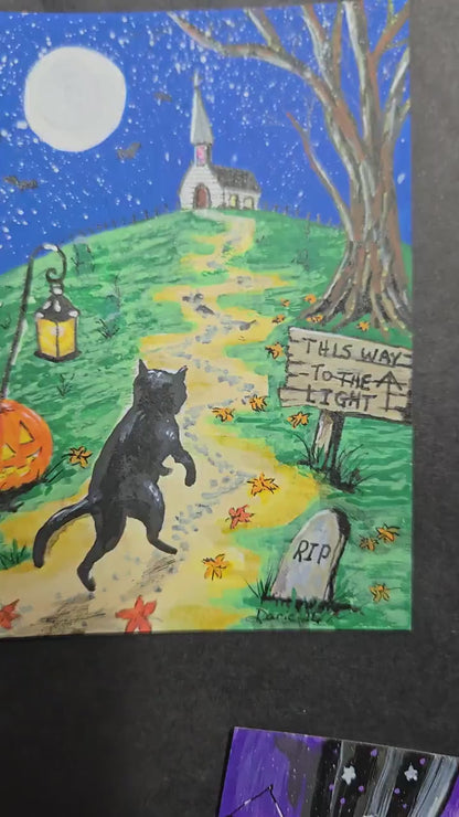 Halloween Black Cat ACEO Original Painting, Trick or Treat Cat Art, Miniature Original Art, Hopper Inspired