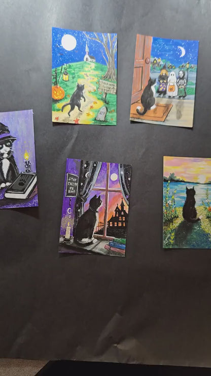 Hopper at Sunset — Black Cat ACEO Original Painting, Sunset Cat Miniature Art *Signed