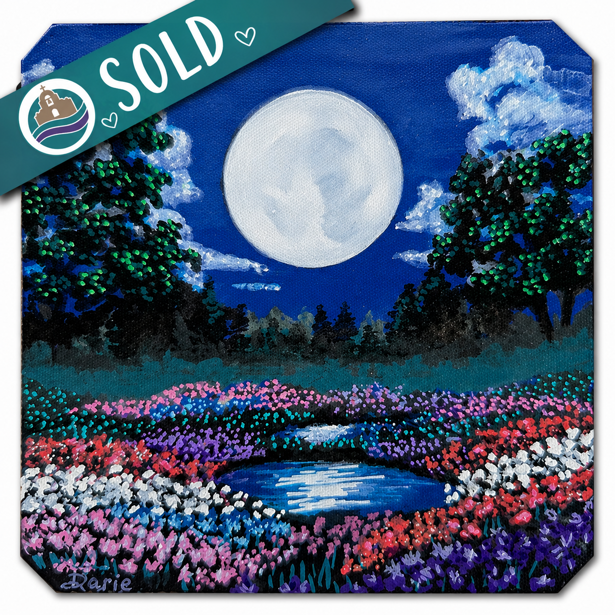 Original Moon Garden Acrylic Painting – Fantasy Floral Landscape, NOT A PRINT~ Mini Art (3.5 x 3.5)