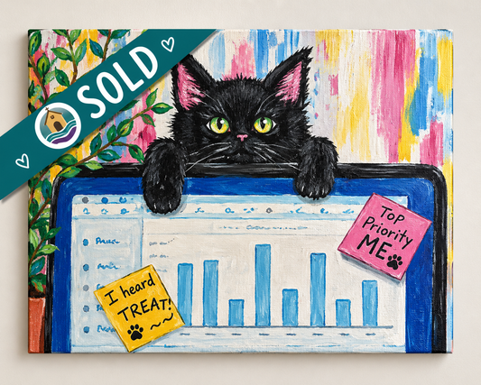 Me Now! – Black Kitten Working from Home ACEO Original Painting | Funny Office Cat Art | Mini Acrylic Desk Decor | OOAK